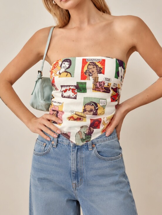 Reformation Tops - Reformation Linen Comic Cartoon Strapless Dillon Top, 16